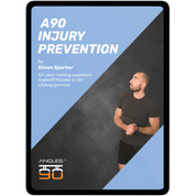 A fitness professional stands confidently next to text offering insights into 'A90 Injury Prevention (eBook & Video Material)', highlighting his 12 years of training experience, expertise as a lifelong gymnast, and CEO of a series of how