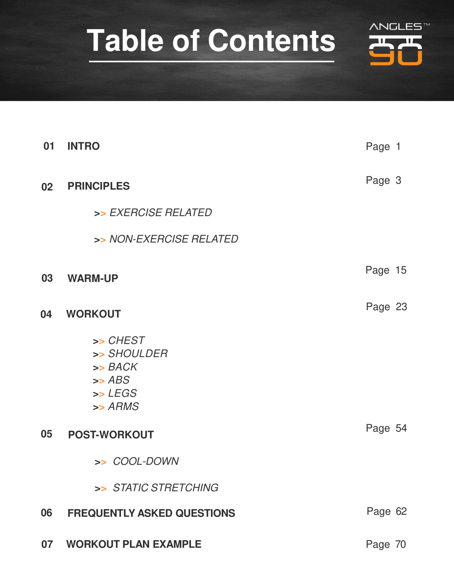A black and white image of a table of contents for A90 Injury Prevention (eBook & Video Material), with sections including an introduction, exercises and non-exercise related topics, warm-up routines for various body parts, cool-down