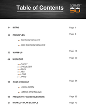 A black and white image of a table of contents for A90 Injury Prevention (eBook & Video Material), with sections including an introduction, exercises and non-exercise related topics, warm-up routines for various body parts, cool-down