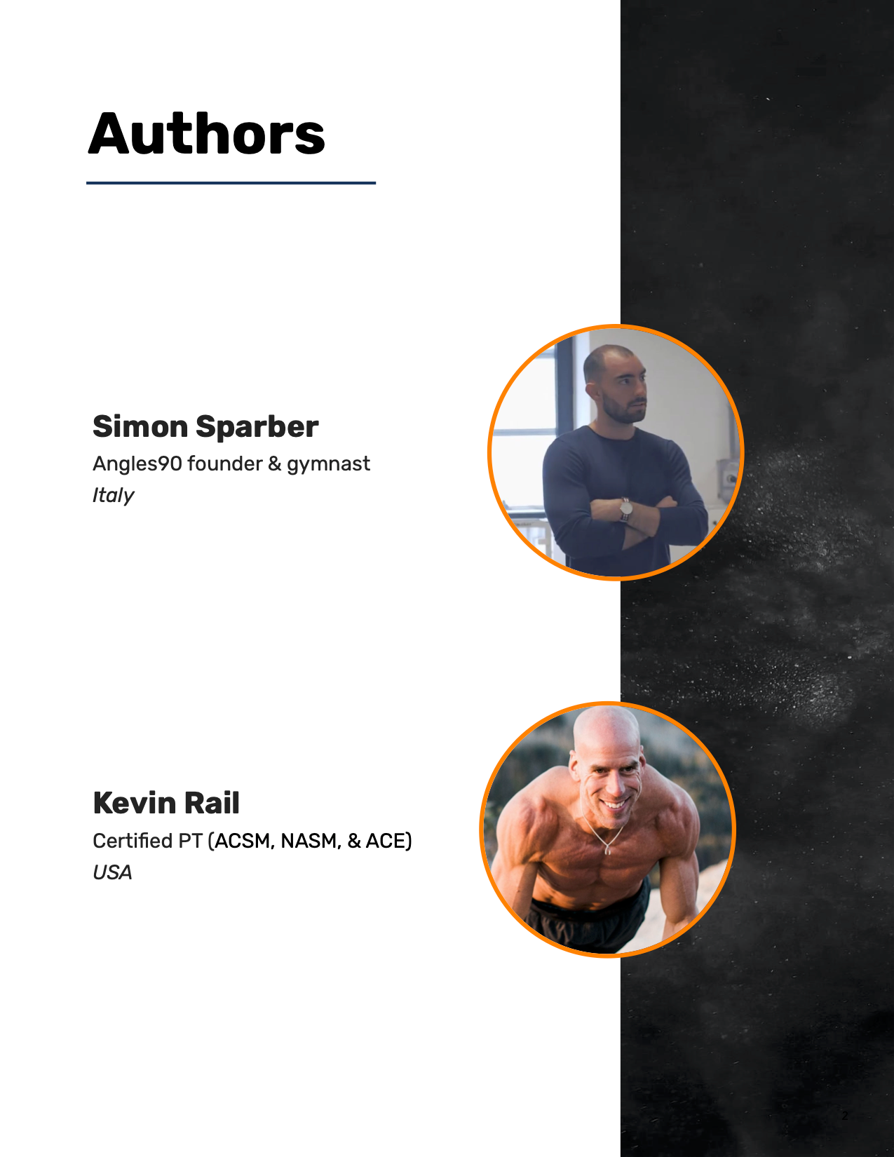 Two professional fitness experts presented as authors of the A90 Muscle Growth eBook, with their names, titles, and nationalities displayed alongside their portrait photos.