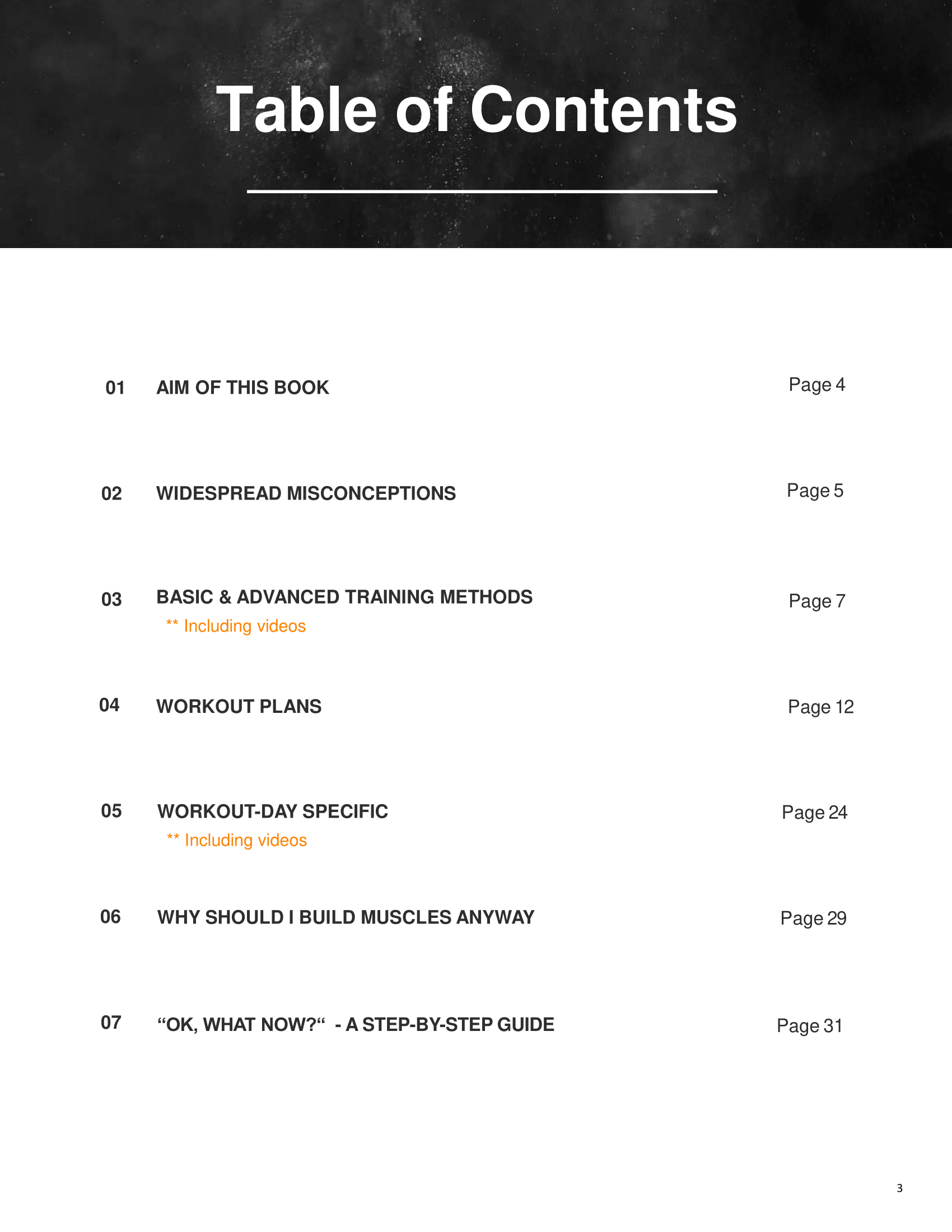 A black and white image of a table of contents page for the A90 Muscle Growth eBook, featuring sections on misconceptions, training methods, workout programs, reasons for building muscles, and a step-by-step guide.