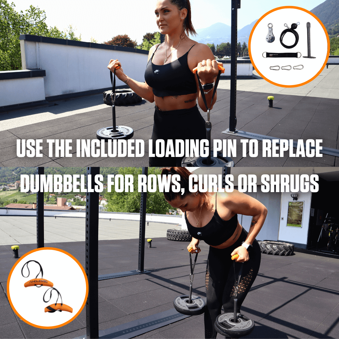 A fitness enthusiast utilizes an A90 Cable Pulley with a heavy-duty steel cable attached to a cable handle for various strength exercises, such as rows, curls, and shrugs, highlighted by instructional icons.