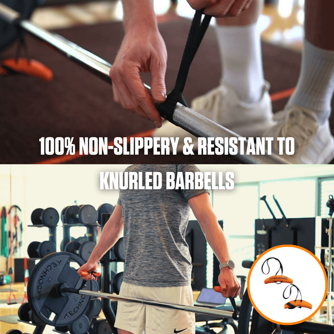 A person gripping a knurled barbell in a gym with A90 Full Set Grips, showcasing the effectiveness of grip-enhancing gloves or wrist straps against slipping.