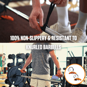 A person gripping a knurled barbell in a gym with A90 Full Set Grips, showcasing the effectiveness of grip-enhancing gloves or wrist straps against slipping.